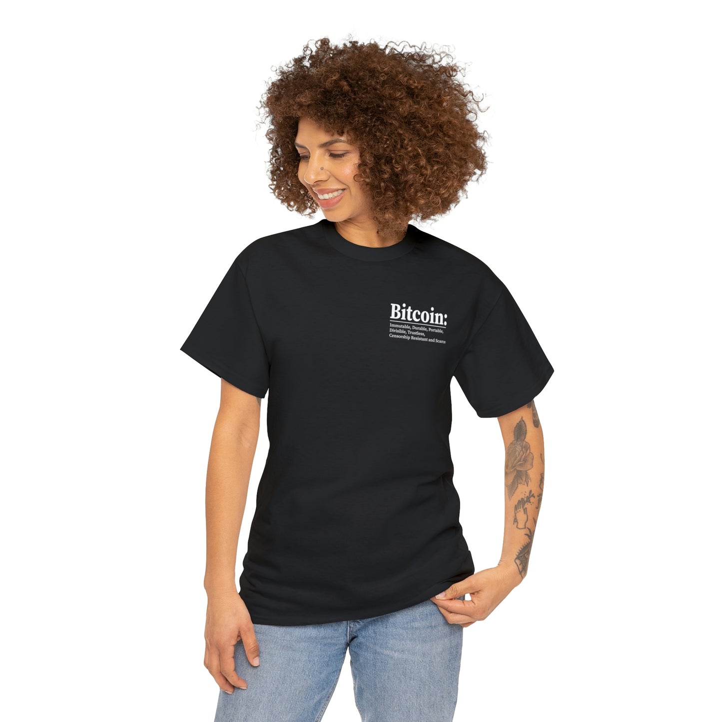 Bitcoin: Immutable, Durable, Portable, Divisible, Trustless, Censorship Resistant and Scarce - Unisex Heavy Cotton Tee